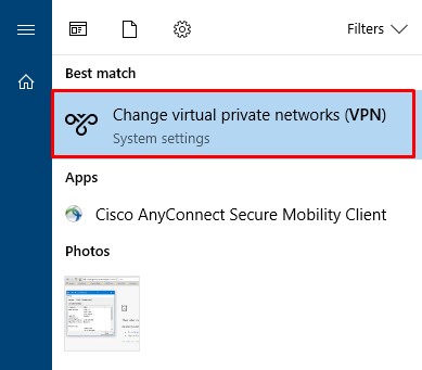 How to Setting L2TP/IPsec VPN Client on Windows: On Windows, Click Start --> type VPN --> Select Change virtual private networks (VPN).