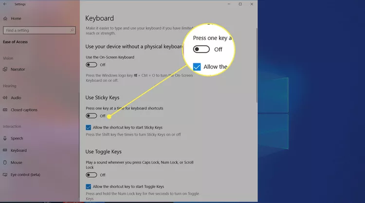Step 5: Scroll down the Ease of Access menu and locate the "Sticky Keys" toggle. Set it to the "Off" position. You can also disable the shortcut from this menu.